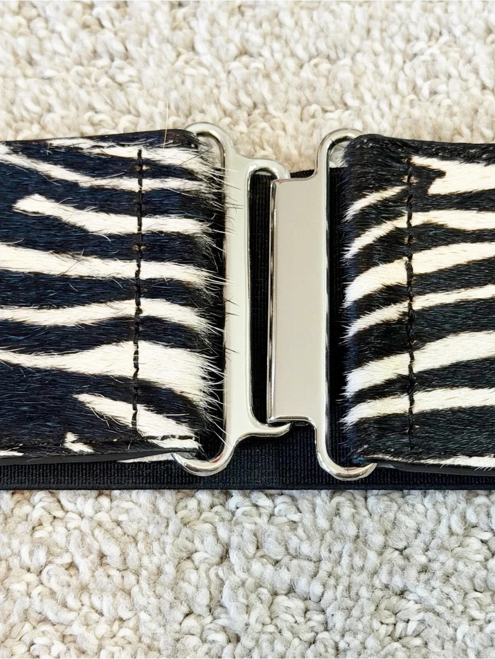 Zebra Print Calf Hair Leather Wide Stretch Statement Belt Size L Silver Buckle